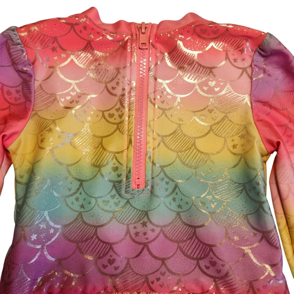 Cat & Jack Girls 4T Rainbow Mermaid Scale Long Sleeve Rash Guard Swimsuit Snaps